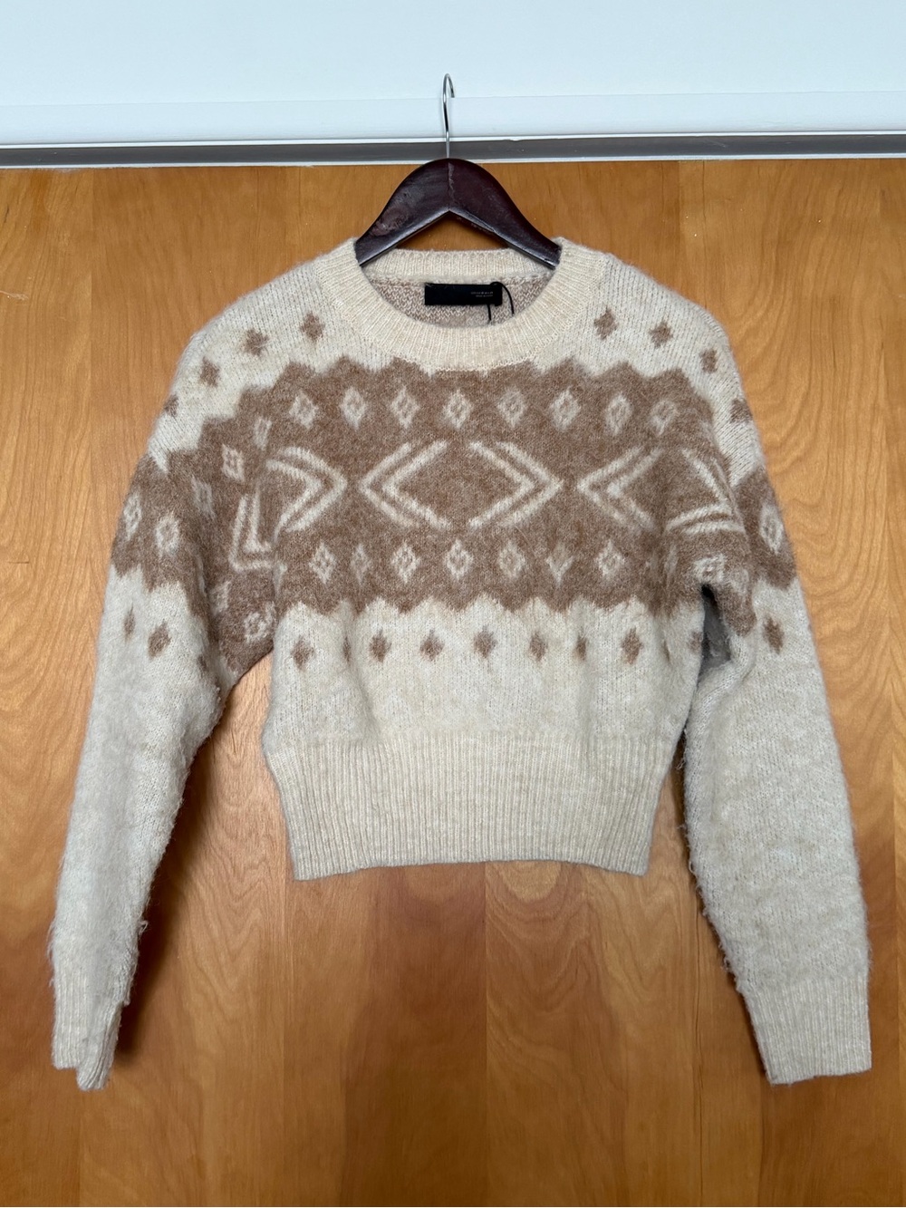 Zara Cropped Cream and Brown Fair Isle Patterned Crew Sweater